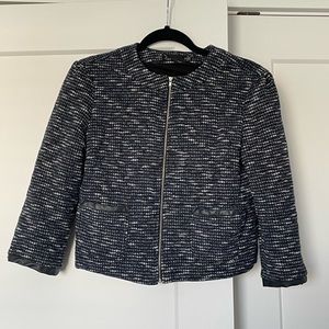 Le Tote Noir Blazer Jacket Womens M Navy Blue 3/4 Sleeve Tweed Zip Pocket